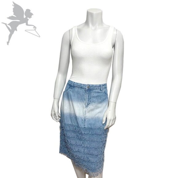 VINTAGE 90’S FREIXNET French Denim fringe pencil skirt - Picture 1 of 6